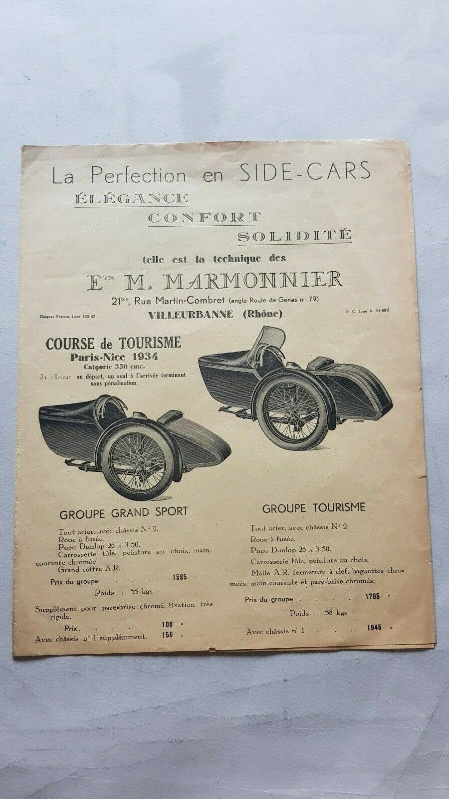Marmonnier produzione Sidecar 1934 depliant anteguerra originale brochure