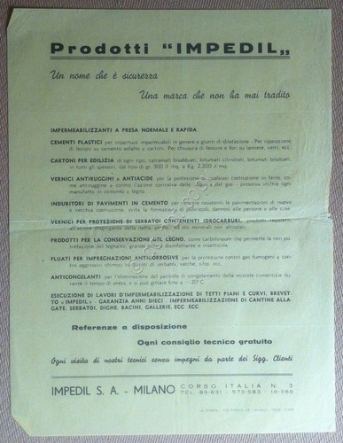 Materiali edili - Volantino pubblicitario Prodotti Impedil - anni '60