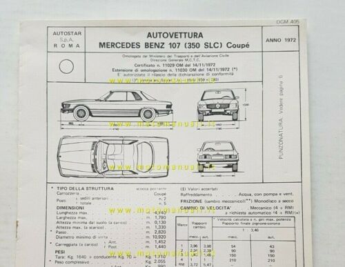 Mercedes 350 SLC Coupè 1972 scheda omologazione DGM originale Motorizzazione