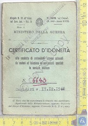 Ministero della Guerra - Certificato d'Idoneità (patente) - 1948