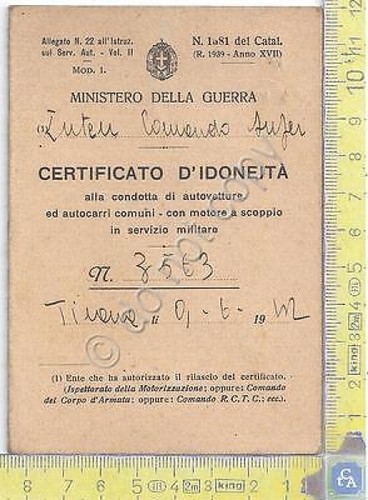 Ministero della Guerra - Certificato d'Idoneità (patente) 1942 - storia …