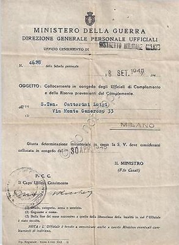 Ministero della Guerra - Foglio di Congedo Ufficiali di Complemento …