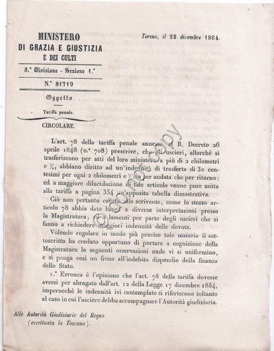 Ministero Grazie e Guistizia e de culti 1864 - Circolare …
