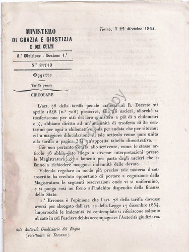 Ministero Grazie e Guistizia e de culti 1864 - Circolare …