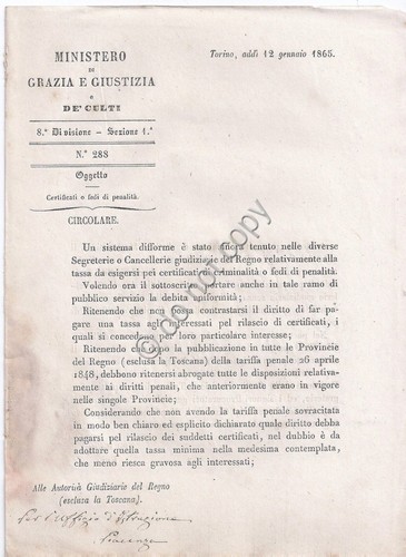 Ministero Grazie e Guistizia e de culti 1865 - Circolare …