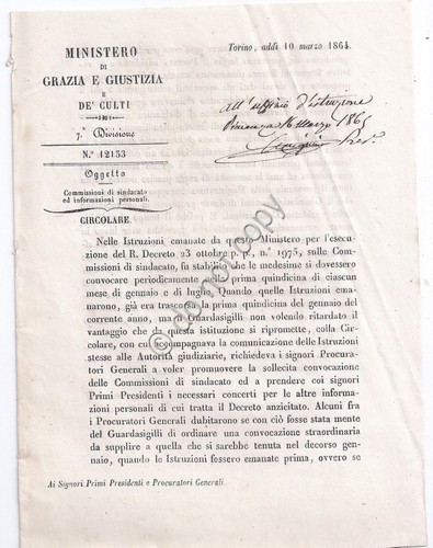 Ministero Grazie e Guistizie e de culti 1864 - Circolare …
