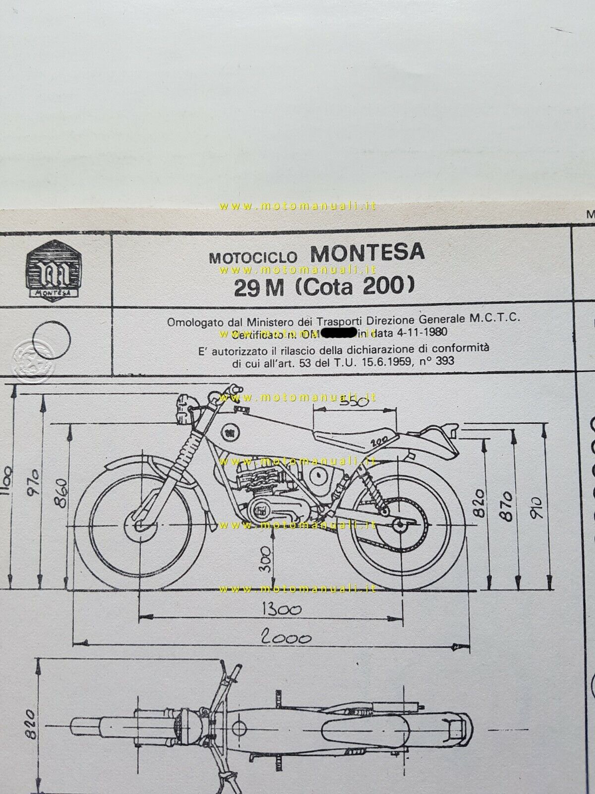 Montesa Cota trial 200 1980 scheda omologazione DGM originale Motorizzazione