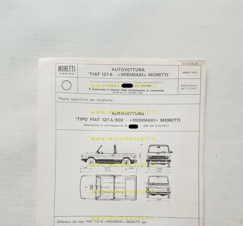 Moretti Fiat 127 A Midimaxi 1974 agg.1977 scheda omologazione DGM …