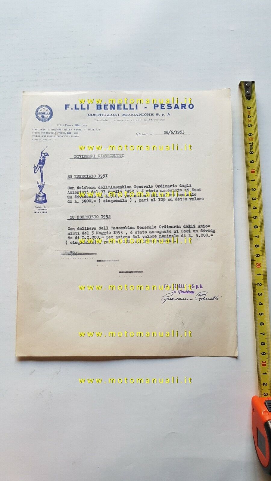 Moto Fratelli Benelli 1953 firma autografa Giovanni Benelli su carta …