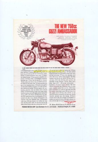 MOTO GUZZI 750 Ambassador 1969 depliant ENGLISH TEXT motorcycle brochure