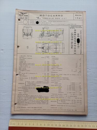 Moto Guzzi Ercole 500 1961 Facsimile originale scheda omologazione DGM