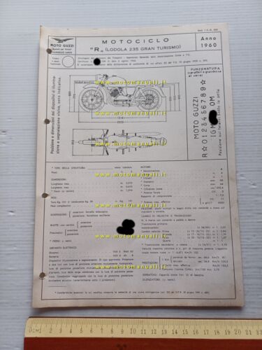 Moto Guzzi Lodola 235 1960 Facsimile originale scheda omologazione DGM