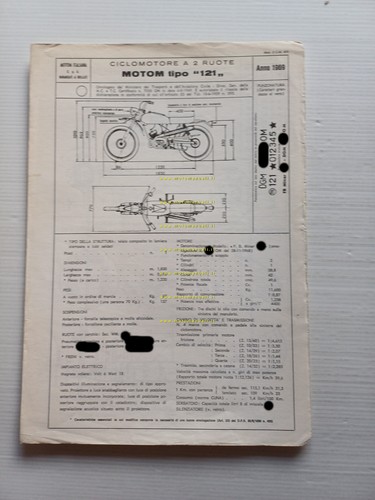 Motom 121 Cross 50 1969 Facsimile originale scheda omologazione DGM …
