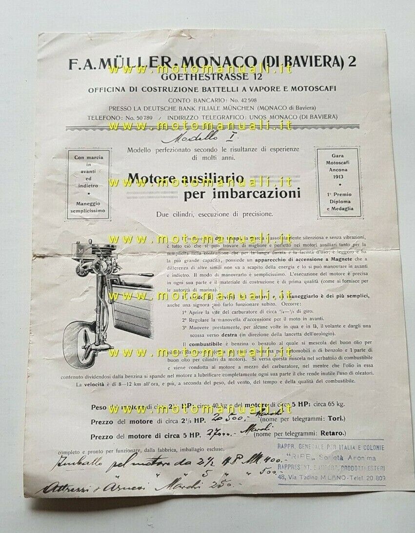 Mller Motore Ausiliario Fuoribordo 1920 depliant originale ITALIANO brochure