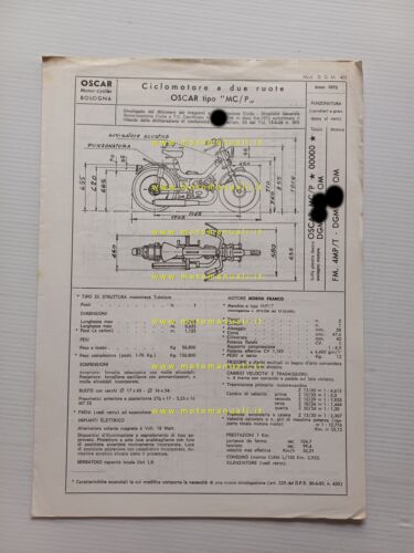 Oscar 50 College MC/P 1972 scheda omologazione DGM Motorizzazione Facsimile
