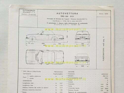 Peugeot 504 B31 Cabrio 1974 Scheda facsimile omologazione DGM originale