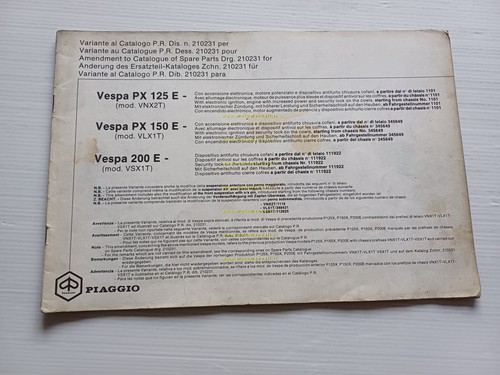 Piaggio Vespa PXE 125 150 200 VARIANTI catalogo ricambi originale