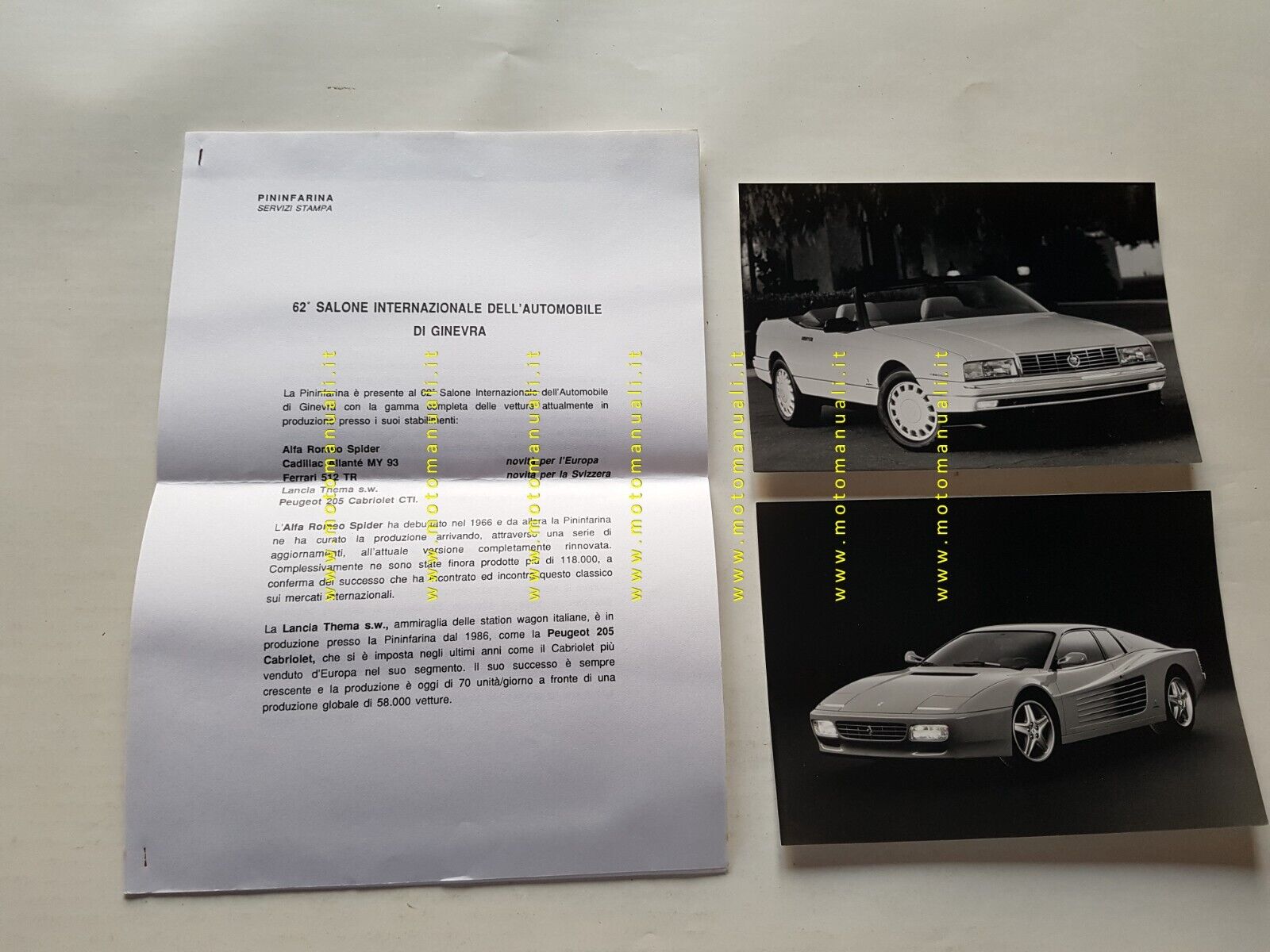 Pininfarina Ferrari 512 TR Cadillac Allantè 1993 cartella stampa salone …