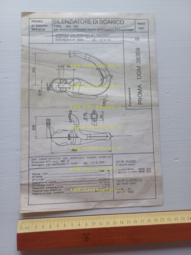 PROMA marmitta speciale per Vespa 125 ET3 depliant omologazione 1981 …