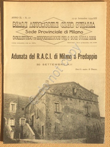 RACI Milano Bollettino 1934 Adunata Predappio Casa Natale Duce Auto …