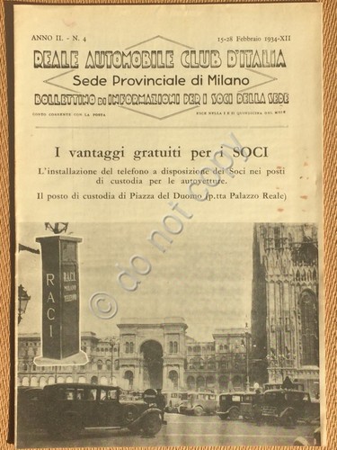RACI Milano Bollettino 1934 Telefono Piazza Duomo Auto Epoca RACI …