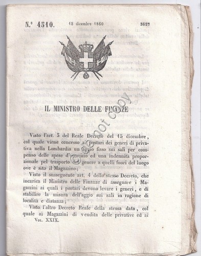 Reale Decreto 1860 ministero finanze magazzini di vendita sali tabacchi …