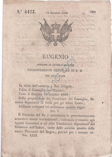 Regio Decreto 1860 Eugenio Agenti Consolari e Funzionari Ministero Esteri …