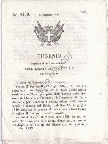 Regio Decreto 1860 Eugenio azioni ferrovia Stradella e Piacenza n. …