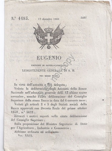 Regio Decreto 1860 Eugenio Banca Nazionale di Nizza a Porto …