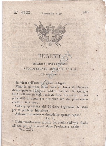 Regio Decreto 1860 Eugenio Collegio Carlo Alberto Torino 4423