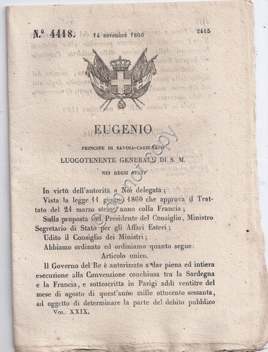 Regio Decreto 1860 Eugenio Convenzione Sardegna Francia Testo in Francese …