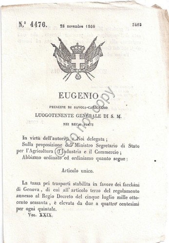 Regio Decreto 1860 Eugenio Facchini di Genova tassa trasporti n.4476
