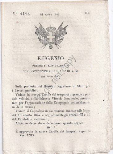Regio Decreto 1860 Eugenio Ferrovia Vittorio Emanuele nuove tariffe 4413
