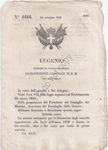 Regio Decreto 1860 Eugenio liberazione iscritti Leva 1840 n.4444