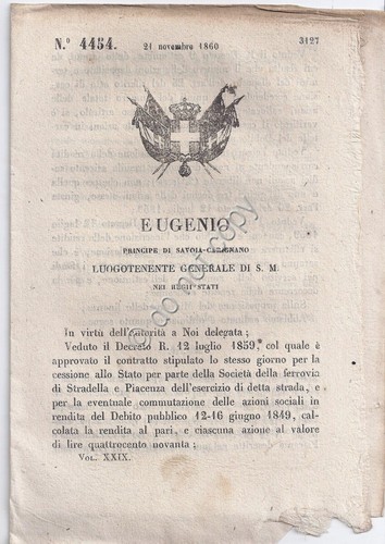 Regio Decreto 1860 Eugenio Liquidazione azioni ferrovia Stradella Piacenza 4454