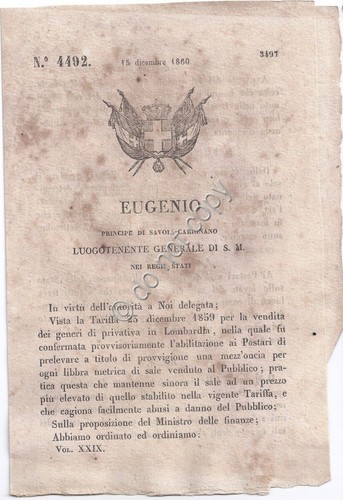 Regio Decreto 1860 Eugenio Lombardia Provvigione ai Postari in sale …