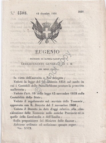 Regio Decreto 1860 Eugenio Malleverie Tesoreria Lombardia e Emilia n.4508
