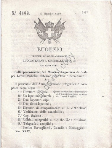 Regio Decreto 1860 Eugenio personale Amministrazione telegrafica n.4482