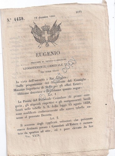Regio Decreto 1860 Eugenio Pianta del personale Consolare con tabella …