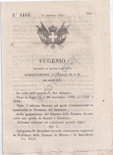 Regio Decreto 1860 Eugenio Prefettura Finanze Milano e Intendenze Lombardia …