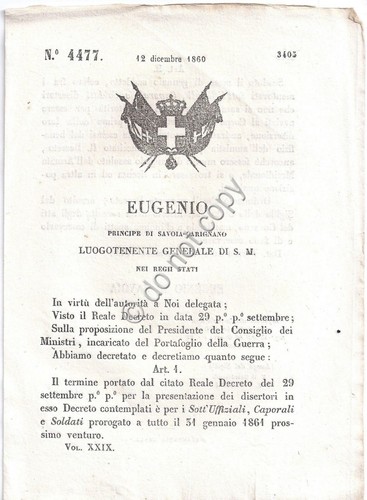 Regio Decreto 1860 Eugenio Presentazione dei disertori n. 4477