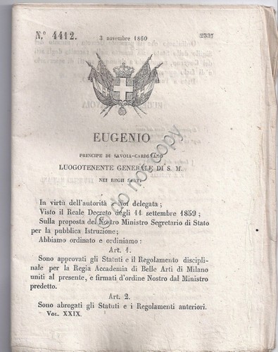 Regio Decreto 1860 Eugenio Regia Accademia Belle Arti di Milano …