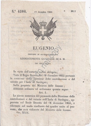 Regio Decreto 1860 Eugenio Riforma pianta numerica Isola di Sardegna …
