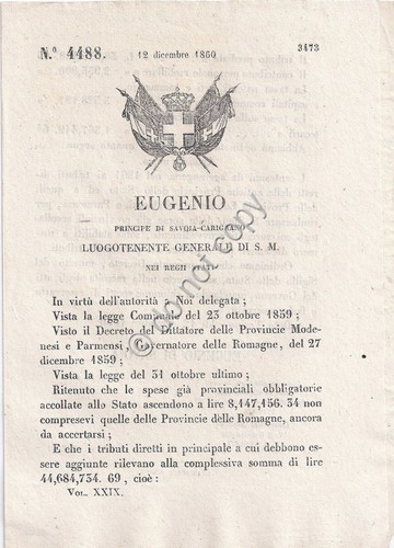Regio Decreto 1860 Eugenio Spese Provinciali Modena Parma n.4488