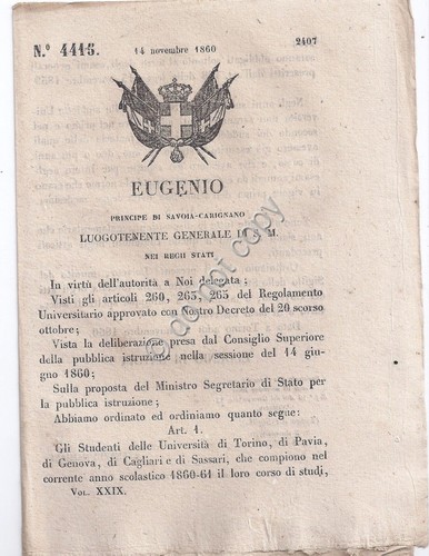 Regio Decreto 1860 Eugenio Università Torino Pavia Genova Cagliari Sassari …