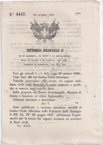 Regio Decreto 1860 VE II Accertamento Stato Civile Albertino in …