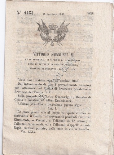 Regio Decreto 1860 VE II Codice procedura Penale provincie Emilia …