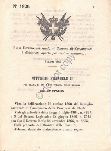 Regio Decreto 1869 - Comune di Caramanico aperto pei dazi …