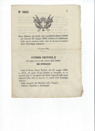 Regio Decreto 1869 Ancona merci esistenti al cessare di franchigia …