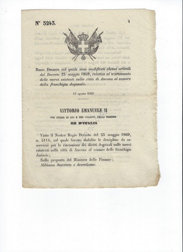 Regio Decreto 1869 Ancona merci esistenti al cessare di franchigia …